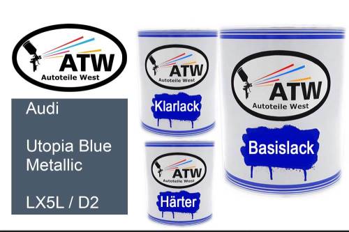 Audi, Utopia Blue Metallic, LX5L / D2: 1L Lackdose + 1L Klarlack + 500ml Härter - Set, von ATW Autoteile West.